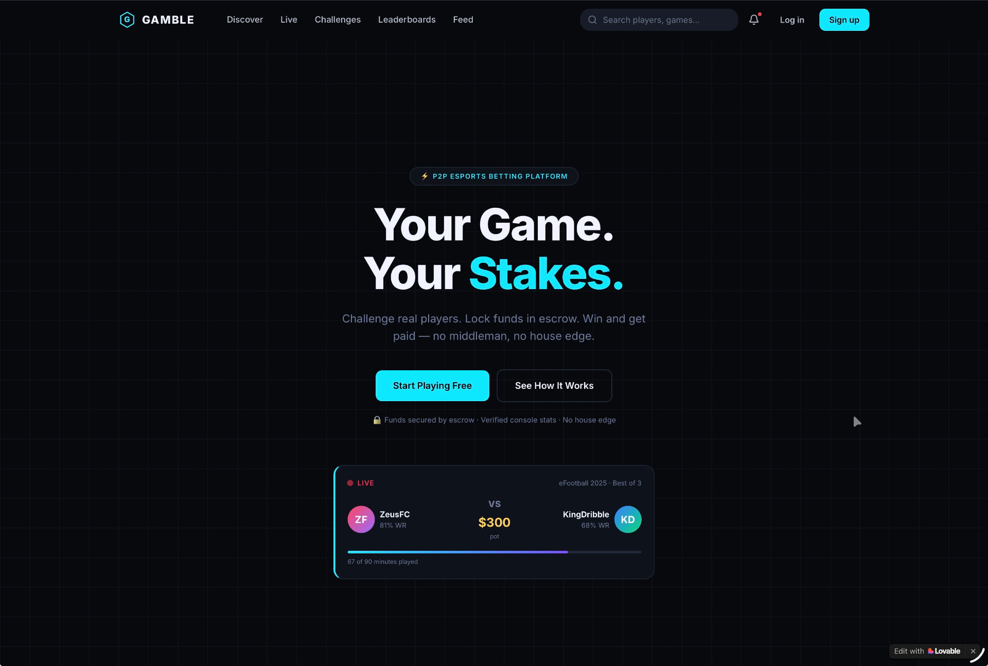 Gamble esports concept interface with cyan highlights and a live head-to-head match card