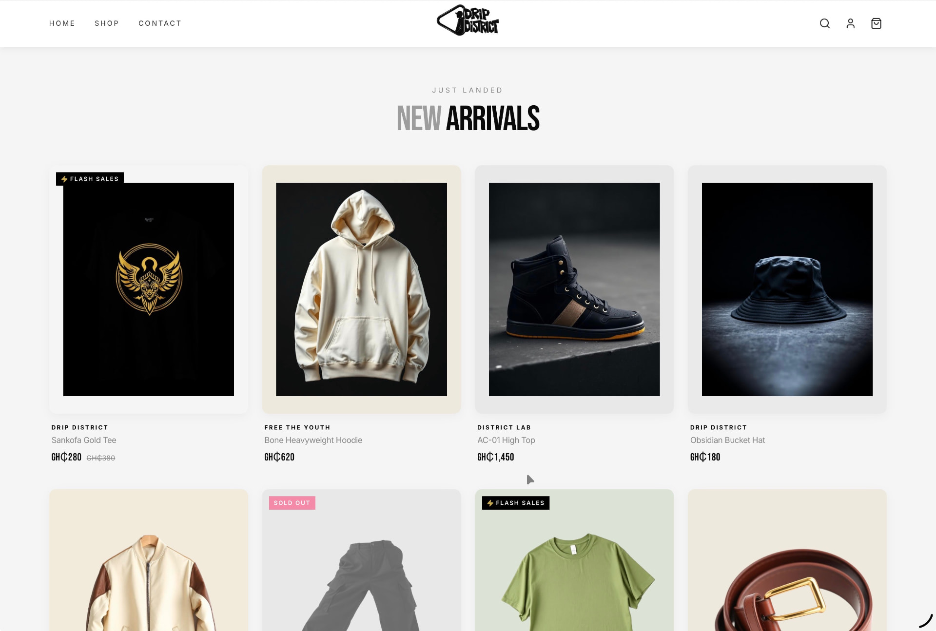 Drip District streetwear catalogue showing hoodies, shoes, flash sales, sold-out products and Ghana cedi prices