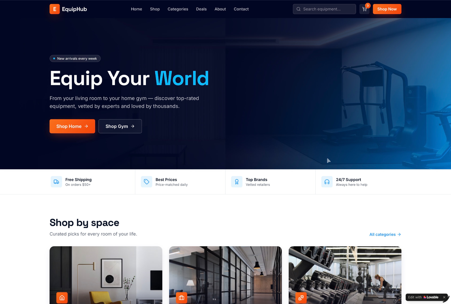 EquipHub equipment store with home and gym categories, search, cart and trust badges