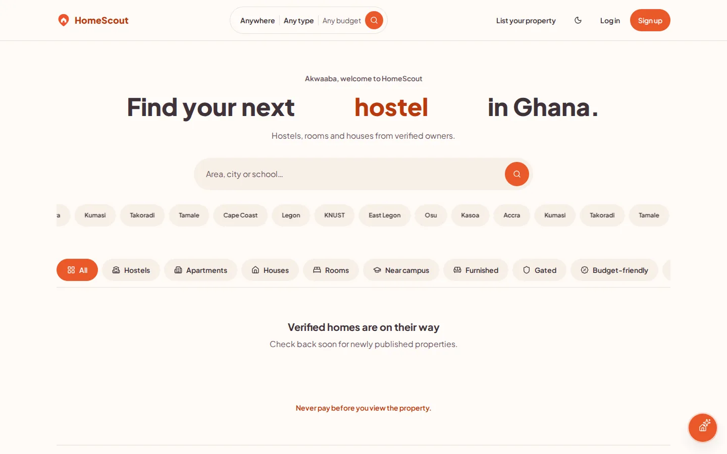 HomeScout home page for finding verified rental homes in Ghana