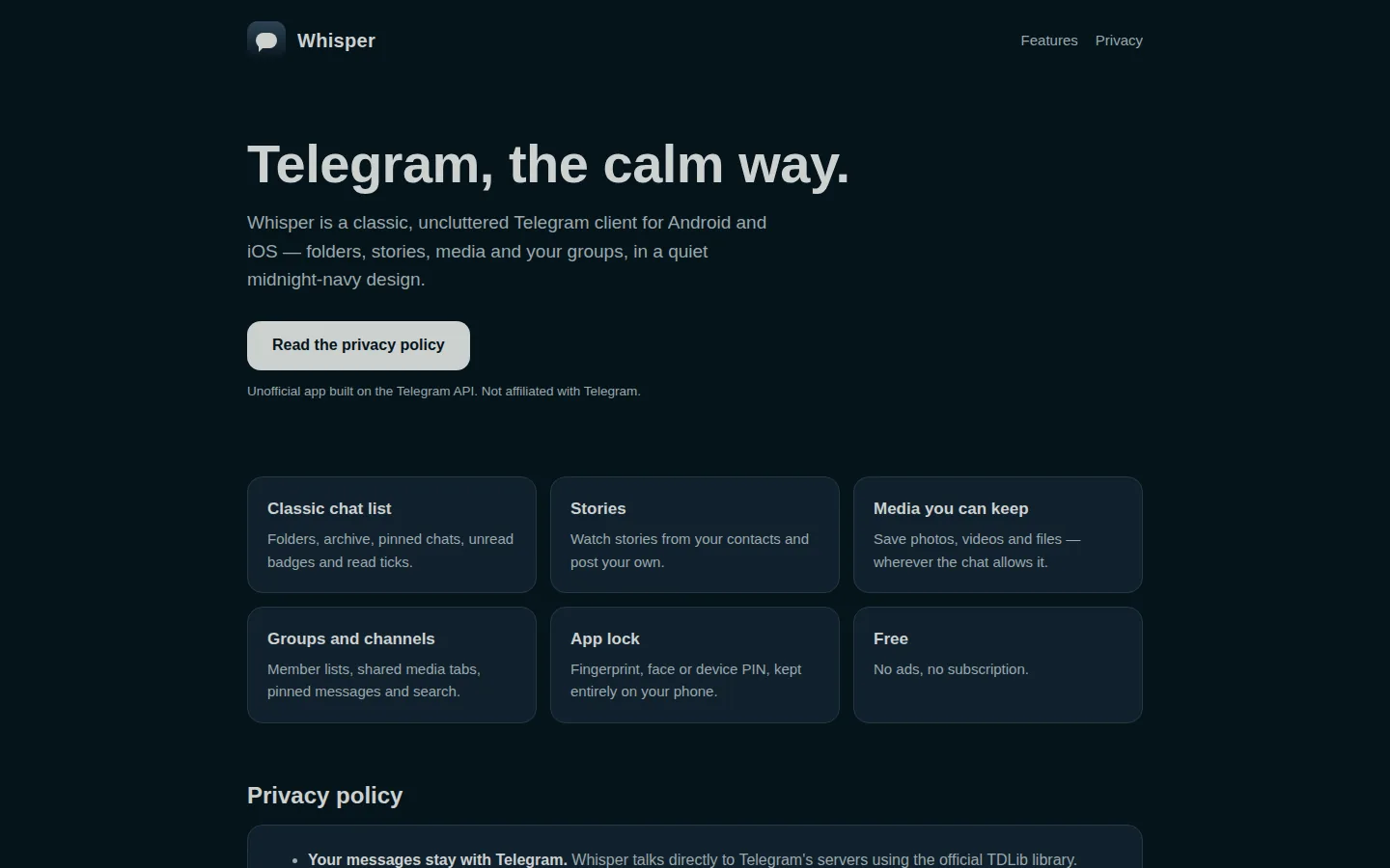 Whisper landing page: a calm Telegram client for Android and iOS in midnight navy